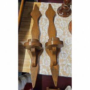 Pair of Vintage Wooden Wall Candle Sconces - Brown